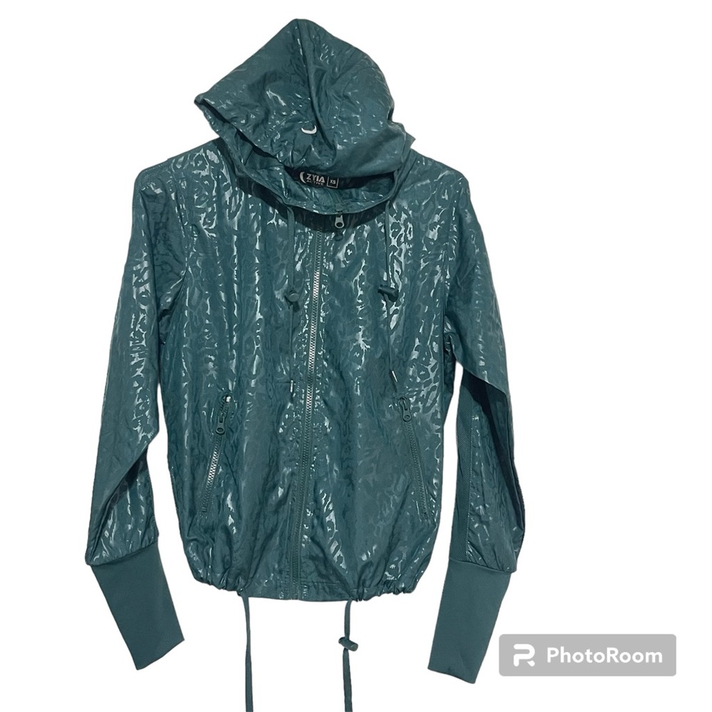 Zyia teal hooded leopard embossed zip up hoodie windbreaker leisure XS